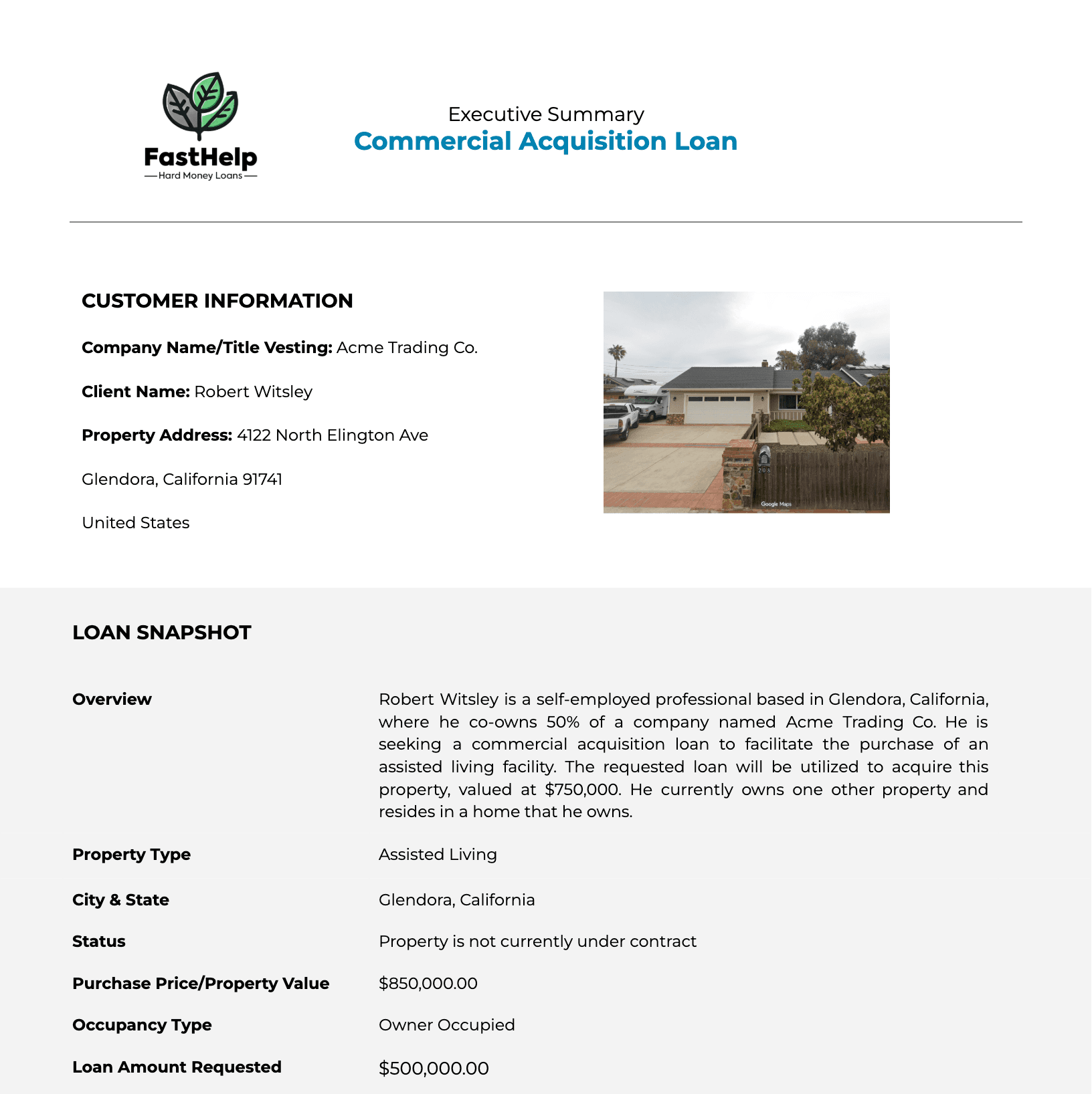 AI-generated executive summary PDF — Commercial Acquisition Loan, populated from the borrower intake record