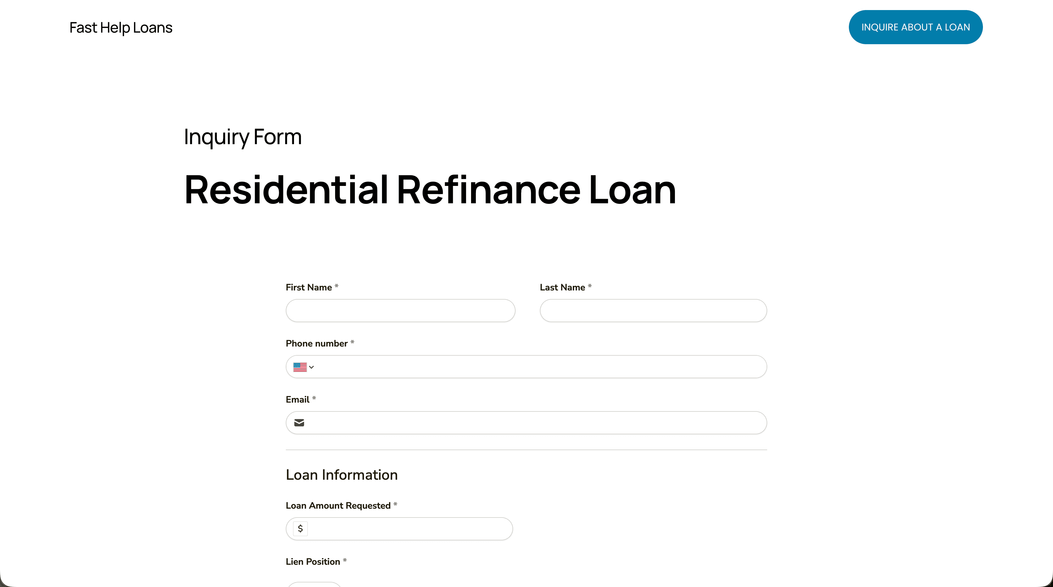 Fast Help Loans Residential Refinance Loan inquiry form — the front door to the automated lending workflow