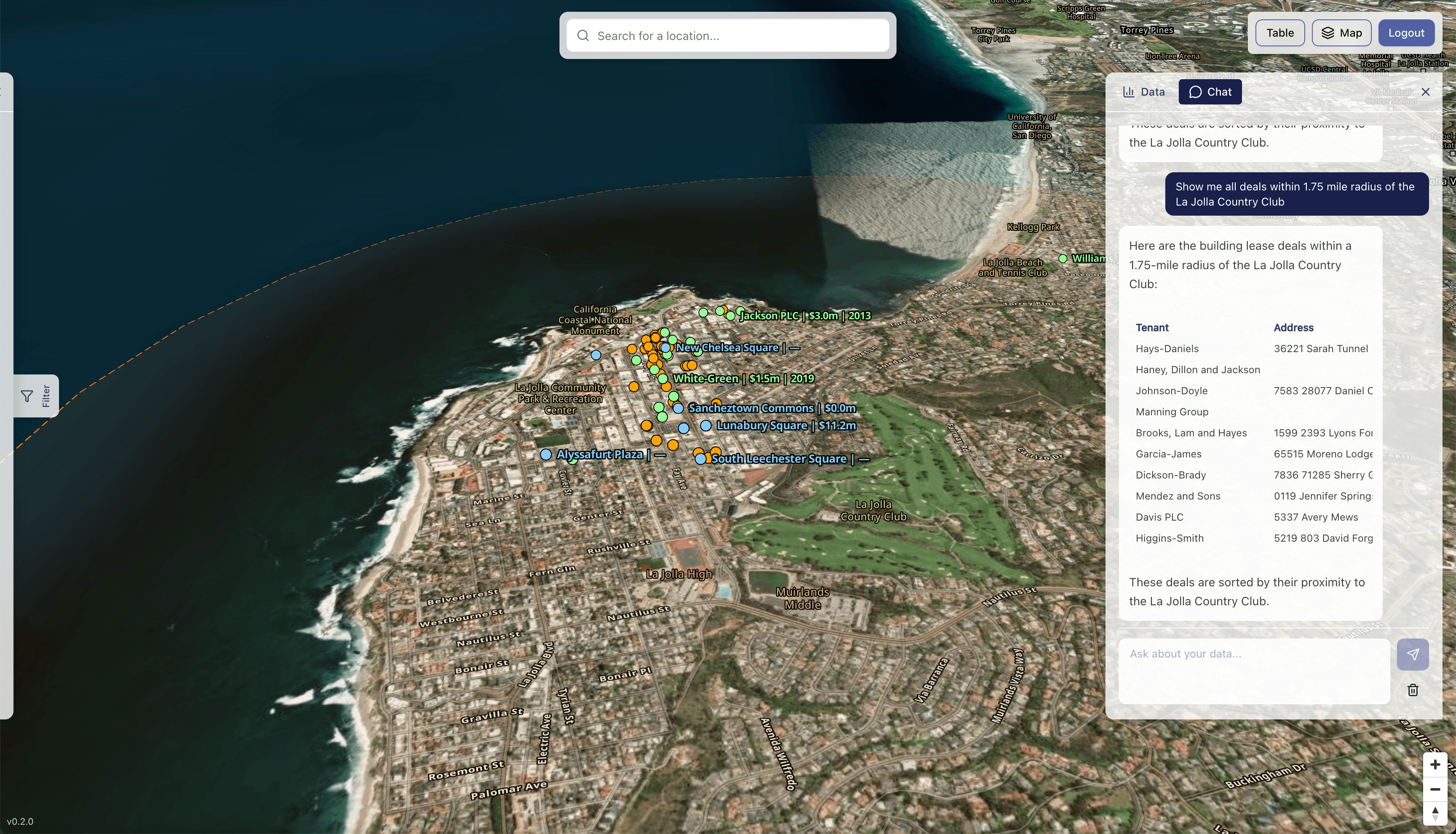 AI Chat Agent — radius search around La Jolla Country Club with tenant results