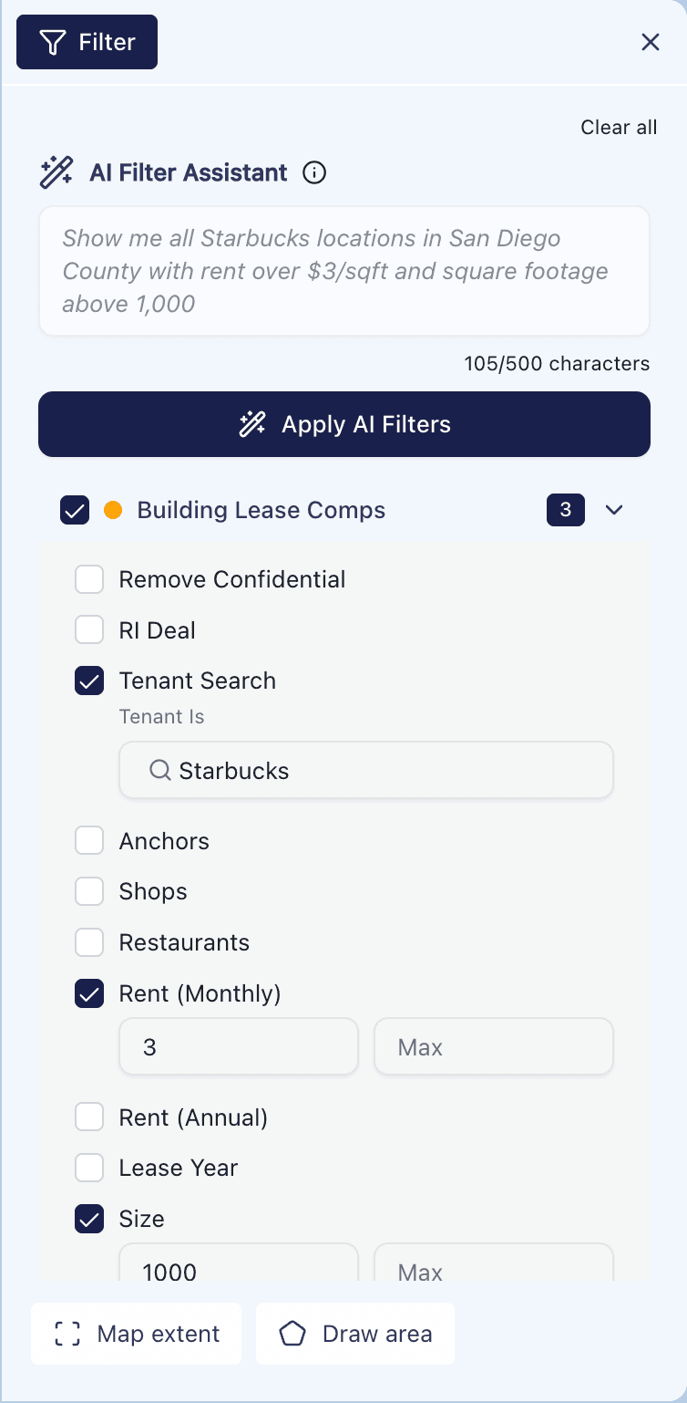 AI Filter Agent — Starbucks query with filters for tenant, rent, and square footage