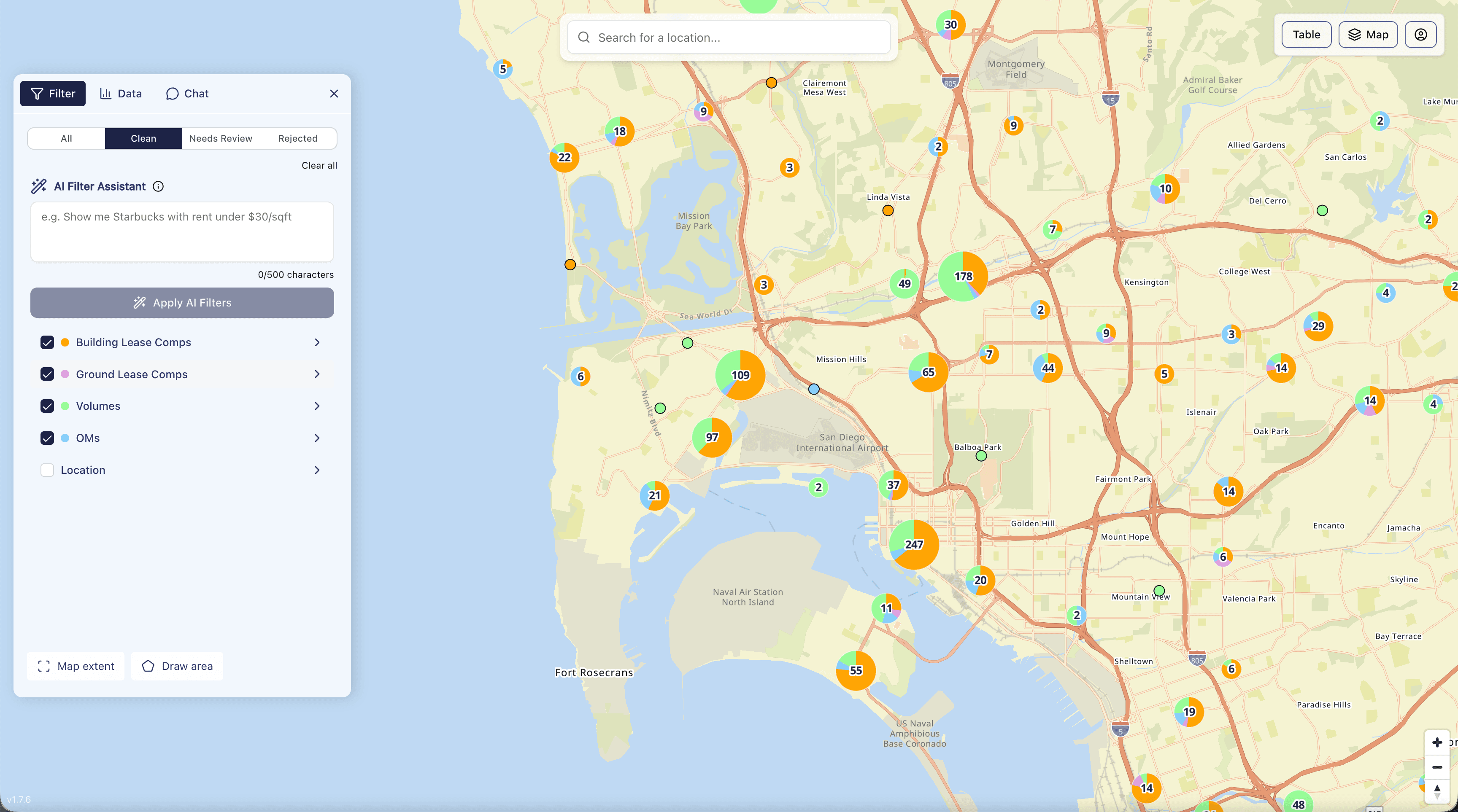 Retail Insite platform — interactive map clustering thousands of lease comps, ground leases, volumes, and OMs across San Diego County